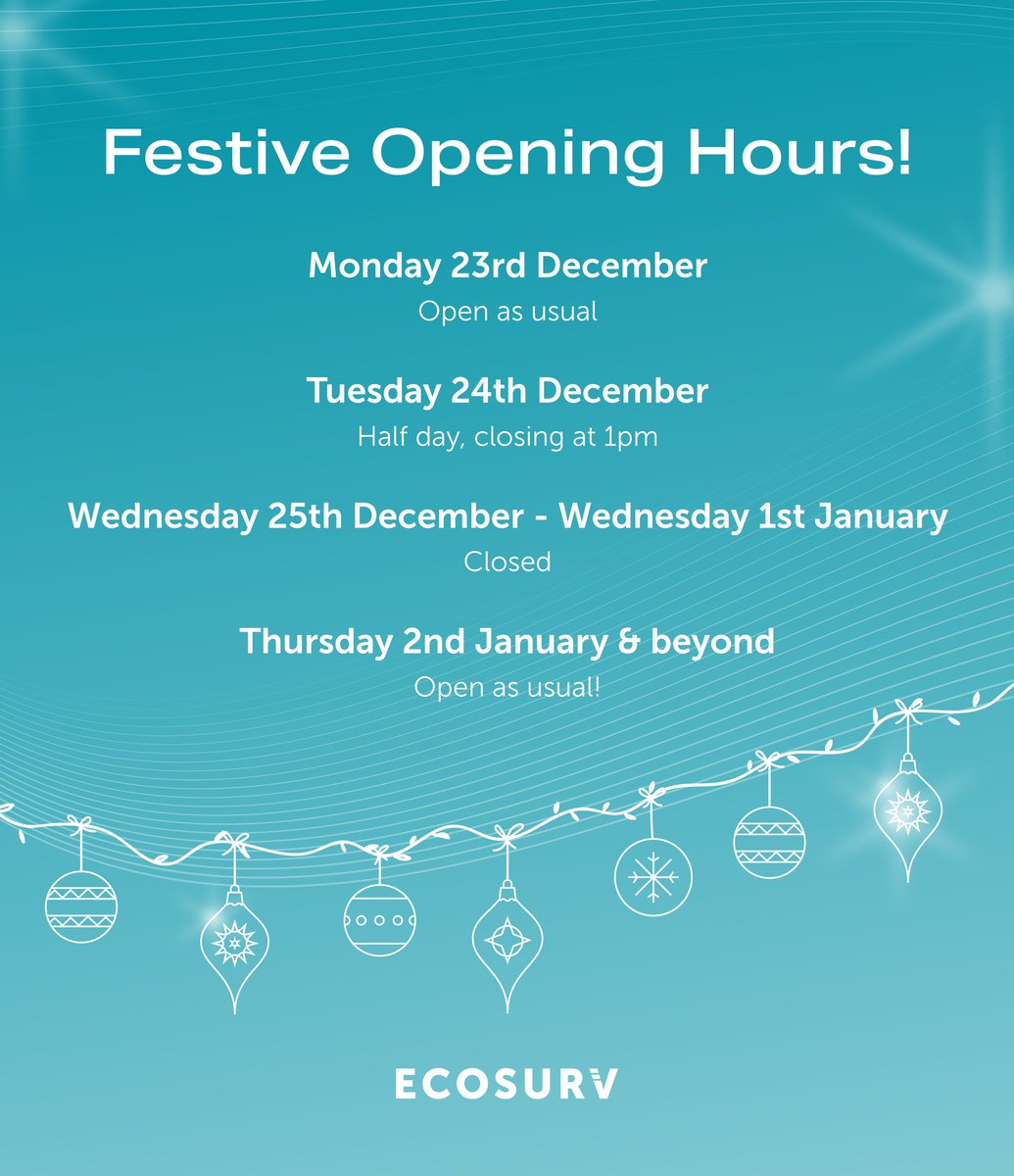 eco_surv's tweet photo. Our festive opening hours! ❄️

We will be closed for the festive break from Tuesday 24th December at 1pm and will reopen at 8:30am on Thursday 2nd January 2025.

The ECO Surv platform and app will remain accessible 24/7, along with our Knowledge Base for any support.

#ECOSurv https://t.co/pRG98hPGBI