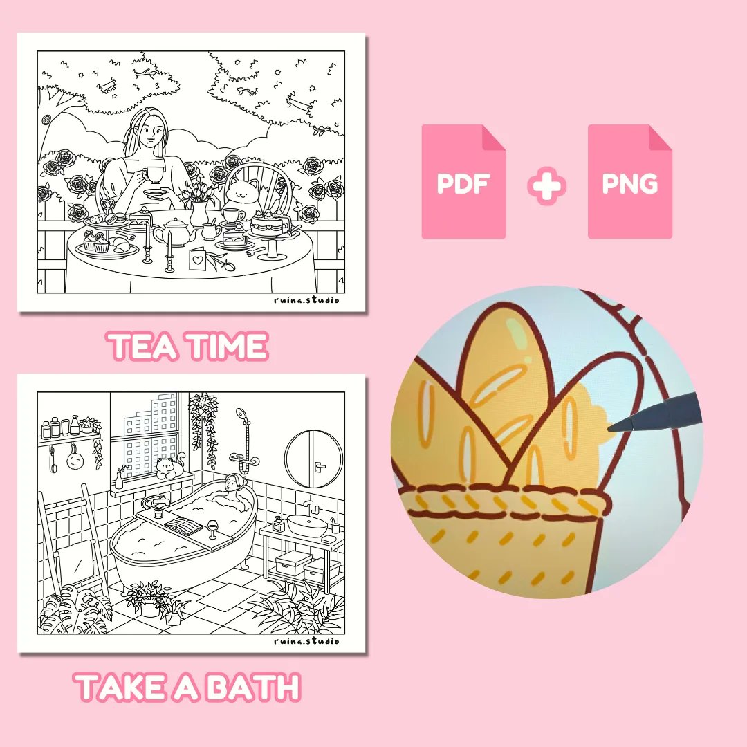 ruinastudio's tweet photo. Digital Coloring Pages Set. 1 is available for purchase on the Ruina Studio website🍒
You can print them or color them digitally using Procreate or other drawing apps 🖍
Suitable for adult and children😆
Unleash your imagination with Ruina Studio's Coloring Pages!🪄 https://t.co/Lyt0gKDvXv