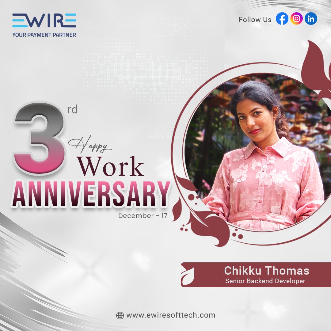 ewire_softtech's tweet photo. Here’s to another year of success, growth, and happiness at the company. Cheers to many more! 🤩Wishing you a happy anniversary and continued success at the company. ✨🥳💐✨

🥳💐Happy Work Anniversary dear Chikku Thomas🥳💐

#workanniversary #anniversary #years #work https://t.co/vk0lWvbVxv