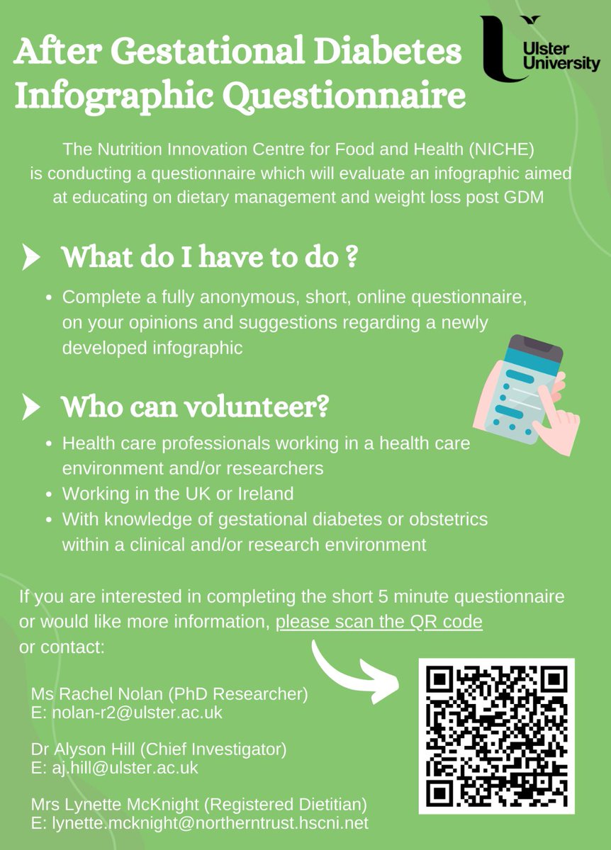 We want to hear from health care professionals and researchers who regularly work with women with gestational diabetes!🤰

✅Would you be interested in completing a short 5 minute questionnaire? 

Click the link below to take part-
redcap.science.ulster.ac.uk/redcap/surveys…