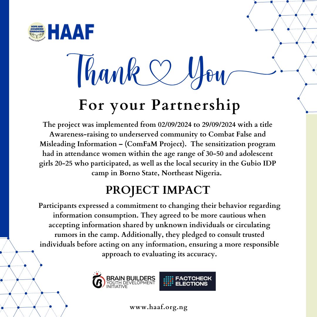 haaf_2019's tweet photo. @haaf_2019 says 📩 Thank you to @FactC_Africa @BrainBuilderIT
The lives of the beneficiaries and the implementing organization, #HAAF, have been profoundly impacted by this project.
Since "Awareness" is a part of our name, we hope to use a tool called #MyFactcheckerAI .... https://t.co/2xIrMmZA0K