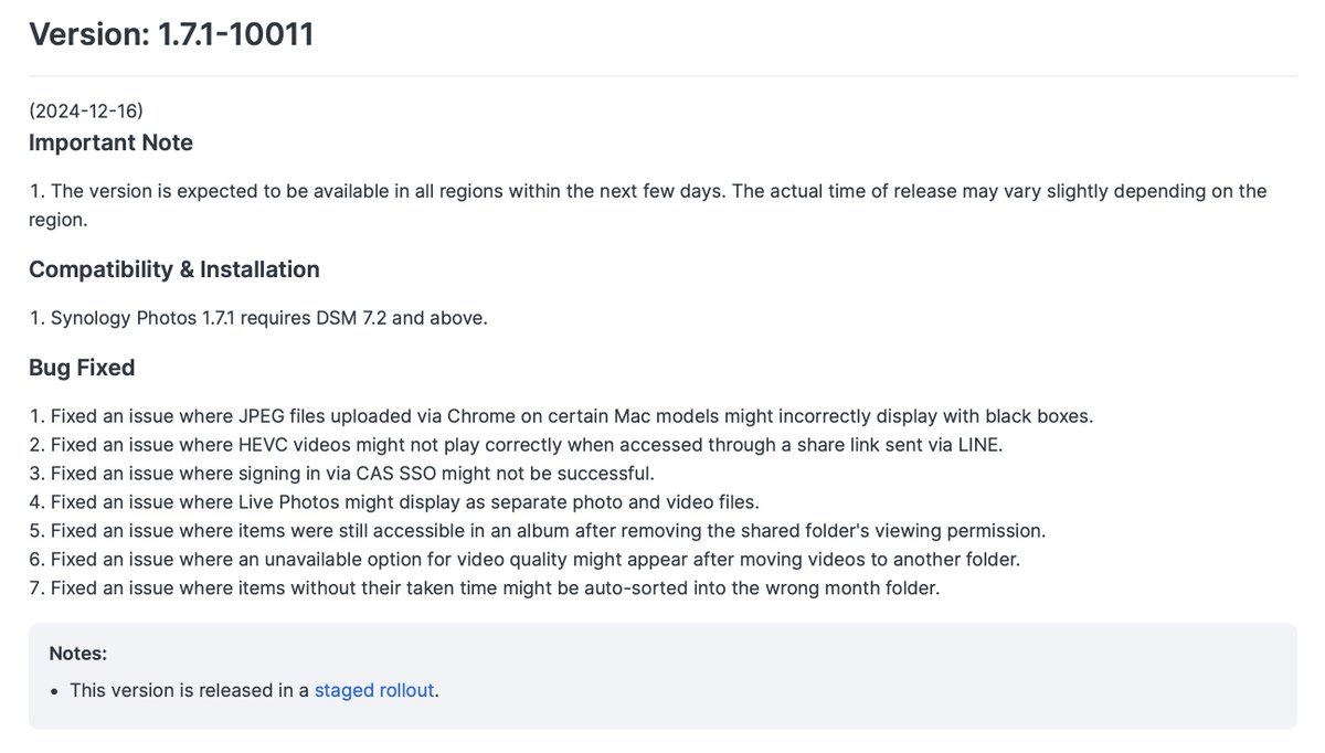 Stigla je nova v.1.7.1-10011 verzija #Synology #Photos platforme sa nekolicinom ispravaka.

#DSM #DSM72 #selfhosted #selfhosting #homelab