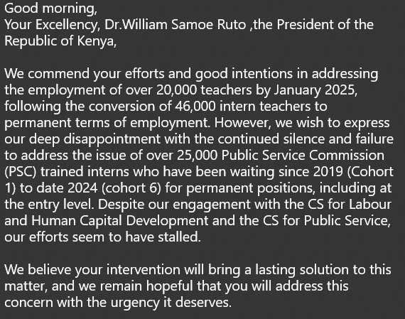 C_NyaKundiH's tweet photo. Thousands of Public Service Commission (PSC) interns under the current Cohort 6 have voiced growing concerns as they approach the end of their internship contracts in January 2025 without assurances of permanent placement.

"Hello Cyprian. Please help us bring to attention the issue of Public Service Commission(PSC) Interns. The current Cohort 6 (8,000 interns) we’re on our way out in January 2025 without permanent placement despite many replacements available in different government ministries, departments, parastatals and agencies where we work. Why is the government taking us through internship programs to later dump us? Please help us circulate the open letter below to reach the president. Thank you."