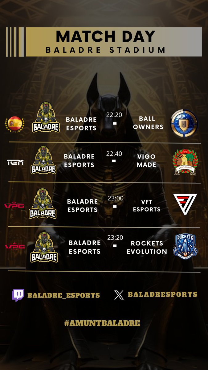 •|MATCH DAY|•

5ª Jornada de la fase de ascenso a 1ª división <a href="/IVFA_Spain/">IVFA Spain</a> 🔥

Duelo vs <a href="/VigoMadeOficial/">Vigo Made</a> buscando seguir líderes en <a href="/LigaTGM/">Liga TGM</a> 

Arranca la última semana de <a href="/VPG_Spain/">Virtual Pro Gaming España</a> contra dos buenos rivales

Podéis seguir los partidos en directo 👇🏻
twitch.tv/baladre_esports