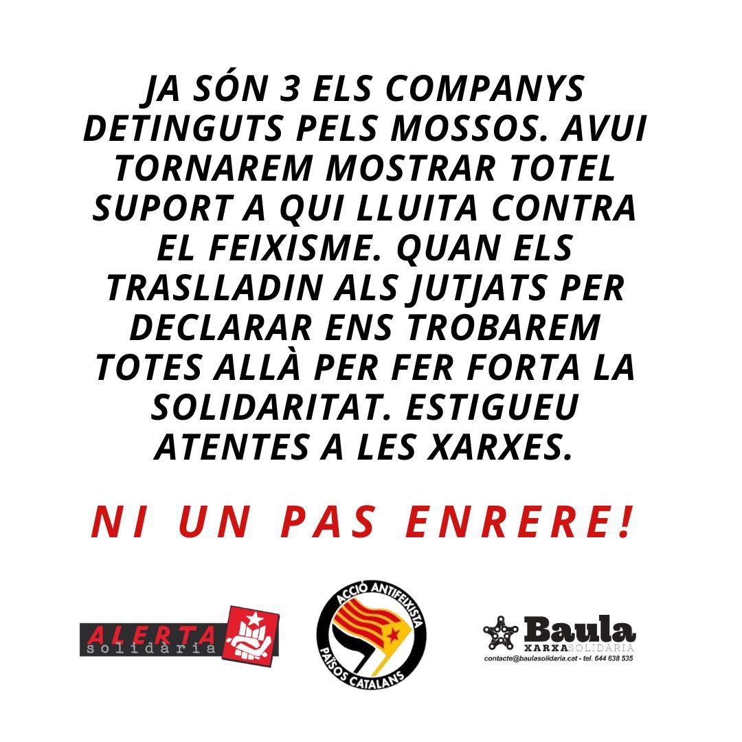 ⚠️ Ja van tres detinguts a Vilafranca aquest matí❗

Properament llençarem una convocatòria de suport amb les companyes de <a href="/BaulaSolidaria/">Baula Xarxa Solidària</a> 

Ser antifeixista no és cap delicte ✊🏽