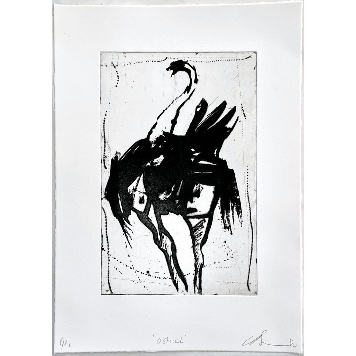 The museum's security man came across me and peered silently at what I was doing. He looked at the drawings tacked to the wall and then left me to it. As he walked away, I nervously checked him out and noticed that he only had one hand. 

Chris Burns, Ostrich, Edition of 50