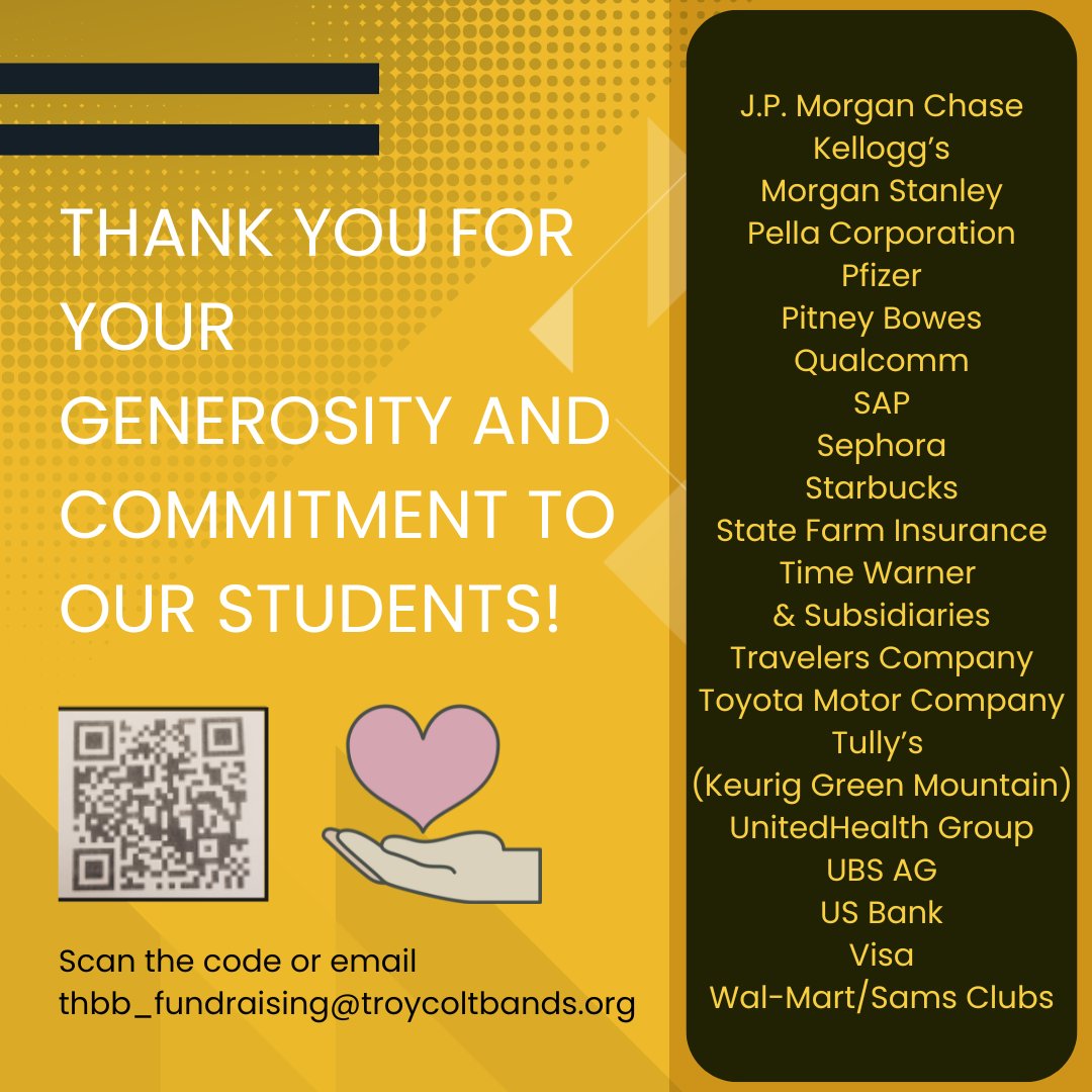 #supporttroybands through corporate giving! Many companies offer donation matching or corporate sponsorship programs that magnify the impact of your contribution. Thank you for your generosity and commitment to our students!