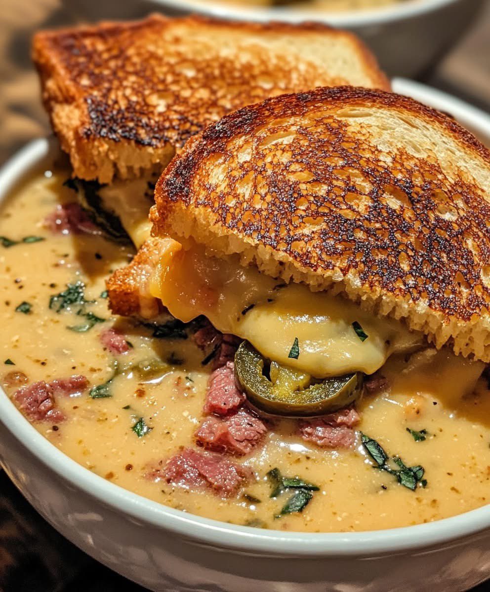 🧀🌶️ Spicy Jalapeño &amp; Tomato Grilled Cheese Soup with Reuben Sandwich 🥪 🌶️🧀 🍅 !

What’s your most fav winter soup or stew to have in morning?