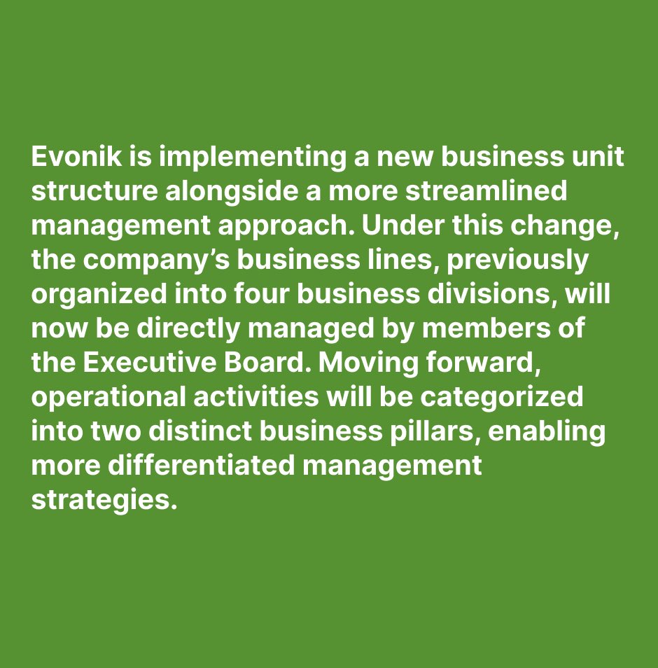 laynex194664's tweet image. Evonik Introduces New Business Structure to Enhance Differentiation and Efficiency

#Evonik #BusinessRestructure #SpecialtyChemicals #Innovation #Efficiency #ChemicalIndustry #CorporateStrategy #ManagementTransformation