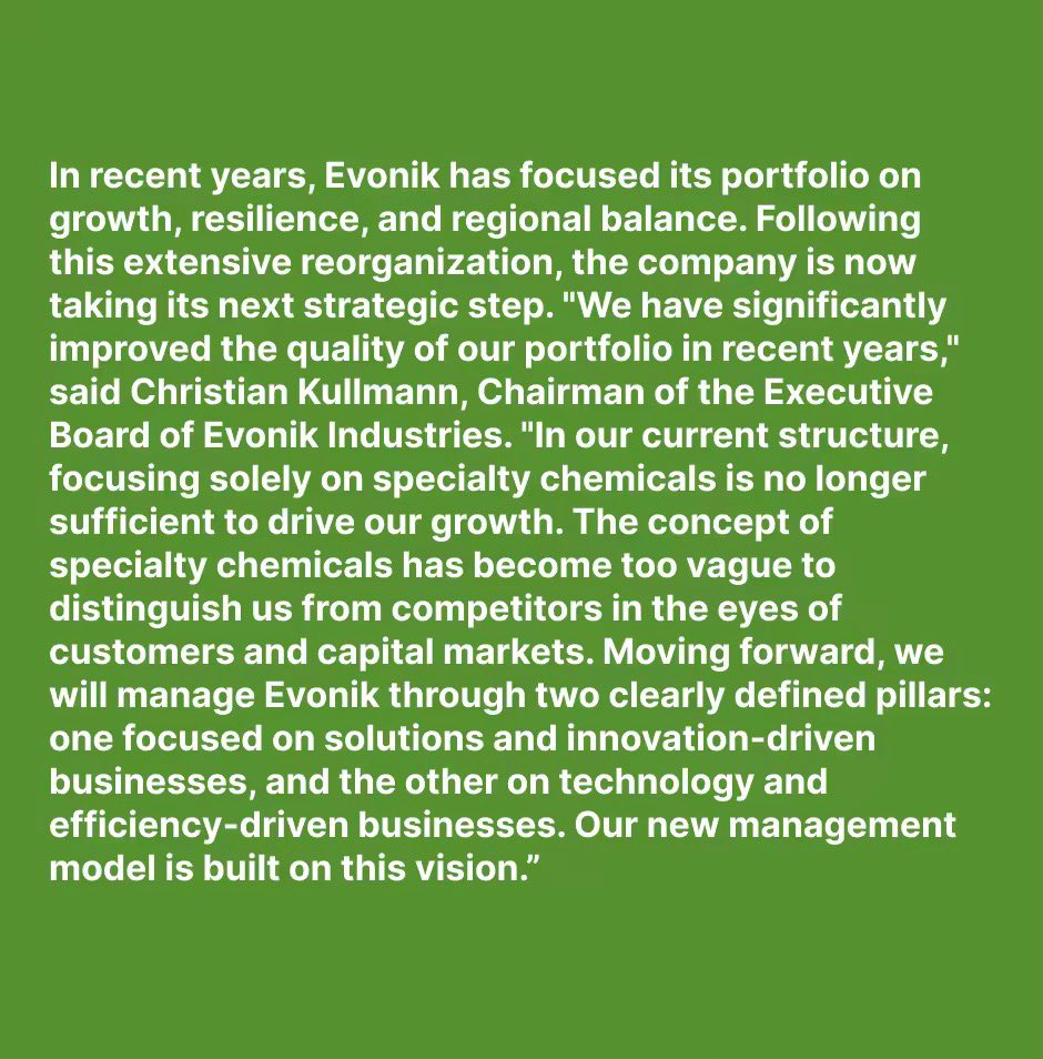 laynex194664's tweet image. Evonik Introduces New Business Structure to Enhance Differentiation and Efficiency

#Evonik #BusinessRestructure #SpecialtyChemicals #Innovation #Efficiency #ChemicalIndustry #CorporateStrategy #ManagementTransformation