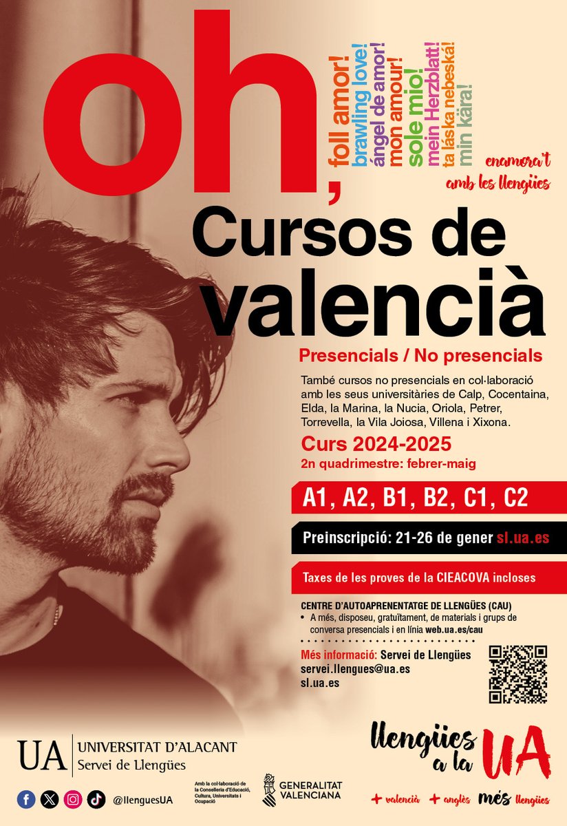 🚨El 21 de gener s'obri el període d'inscripció per als #cursos de #valencià del segon quadrimestre!

L'oportunitat perfecta per seguir millorant les vostres competències comunicatives en valencià 💛

📅Termini: del 21 al 26 de gener

📝Inscripcions: sl.ua.es/va/servei-de-l…