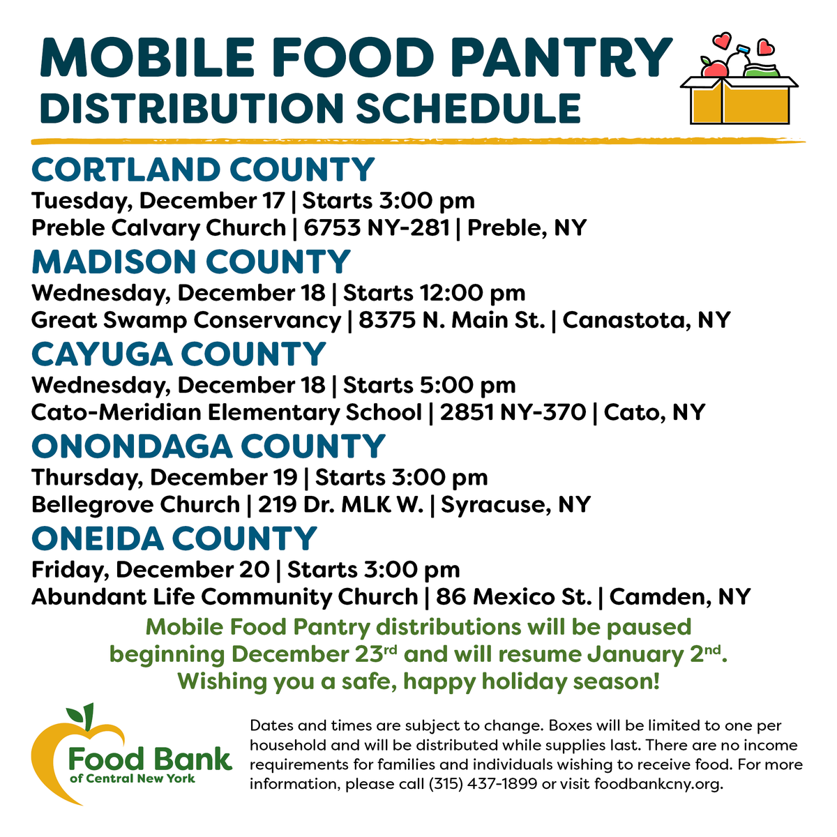 FoodBankofCNY's tweet photo. This week's fresh food item distribution schedule:
⁠
🚛 Mobile Food Pantry: #Preble, #Canastota, #Cato, #Syracuse and #Camden.
⁠
🍎 Partner Distributions: #Fulton, #Vernon, #Syracuse, #Norwich and #SouthJefferson / #Adams.
⁠
Food Finder Tool: https://t.co/vZGHeanRyO https://t.co/QHx3v17Tlh