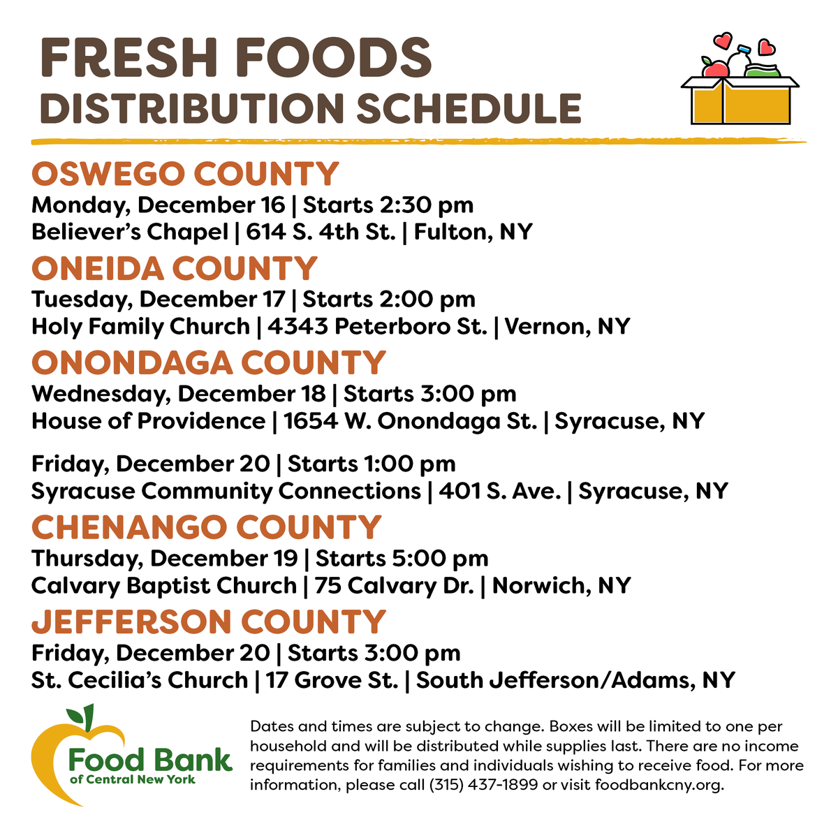 FoodBankofCNY's tweet photo. This week's fresh food item distribution schedule:
⁠
🚛 Mobile Food Pantry: #Preble, #Canastota, #Cato, #Syracuse and #Camden.
⁠
🍎 Partner Distributions: #Fulton, #Vernon, #Syracuse, #Norwich and #SouthJefferson / #Adams.
⁠
Food Finder Tool: https://t.co/vZGHeanRyO https://t.co/QHx3v17Tlh