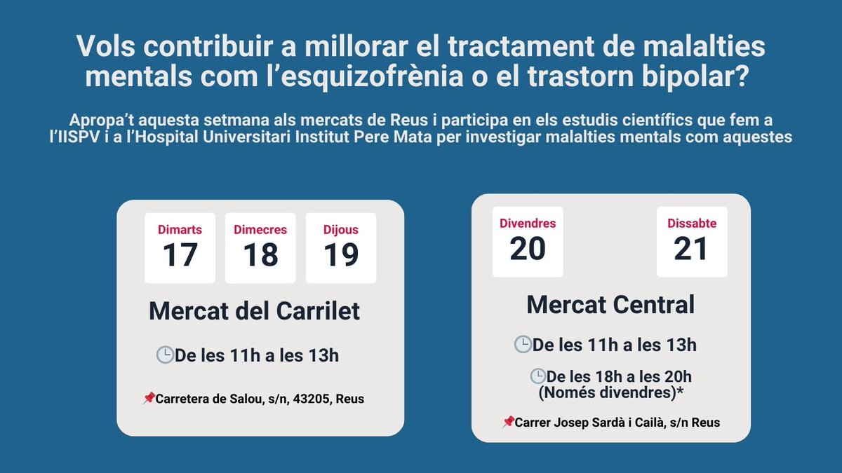 irbcatsud's tweet photo. 💡Investigadors/es del grup de recerca #GAP #IISPV @GrupPereMata @ElisabetVilella estaran aquests dies als @MercatsdeReus per animar la ciutadania a participar en els estudis #BIPODEX i #INSCRIPTION, que investiguen l’#esquizofrènia i trastorns com el bipolar @la_marato

⬇️ https://t.co/H5AqKCgObx