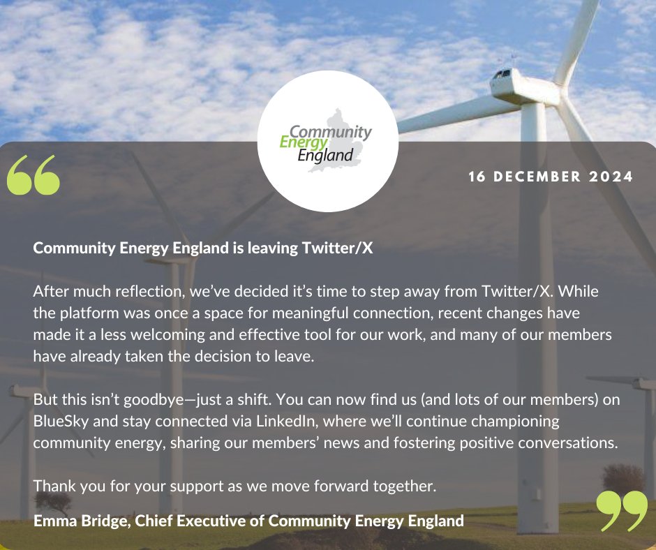 A statement from Emma Bridge: Community Energy England is leaving Twitter/ X.

More on our website here: 

communityenergyengland.org/news/why-commu…