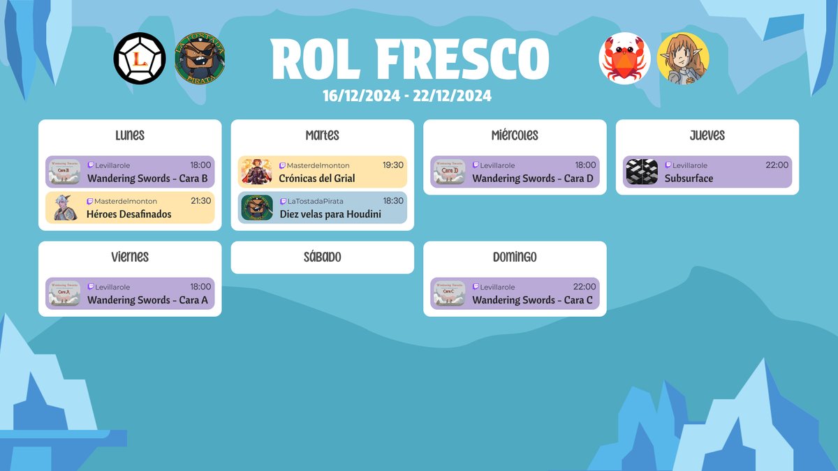 ¡Rol Fresco para esta semana!

<a href="/Levillator/">Levillator se ha ido a Bluesky</a> estará casi cada día por aquí haciendo cosas de Wandering Swords

<a href="/LaTostadaPirata/">La Tostada Pirata</a> nos trae otro capítulo más de diez velas para Houdini

Y nosotros nos vemos hoy para Desafinar y mañana seguimos con Vaesen!🧐

Los bellos 🦀 descansan!