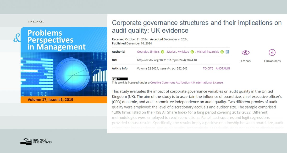 PPM_Journal's tweet photo. 🔗 https://t.co/UgkFA4Nuff
📝 Corporate governance structures and their implications on audit quality: #UK evidence
👥 Georgios Simitsis, Maria Kyriakou, Michail Pazarskis
#auditcommittee #auditorsize #boardsize #CEOduality #discretionaryaccruals #earningsmanagement https://t.co/fRMxkjHA0a