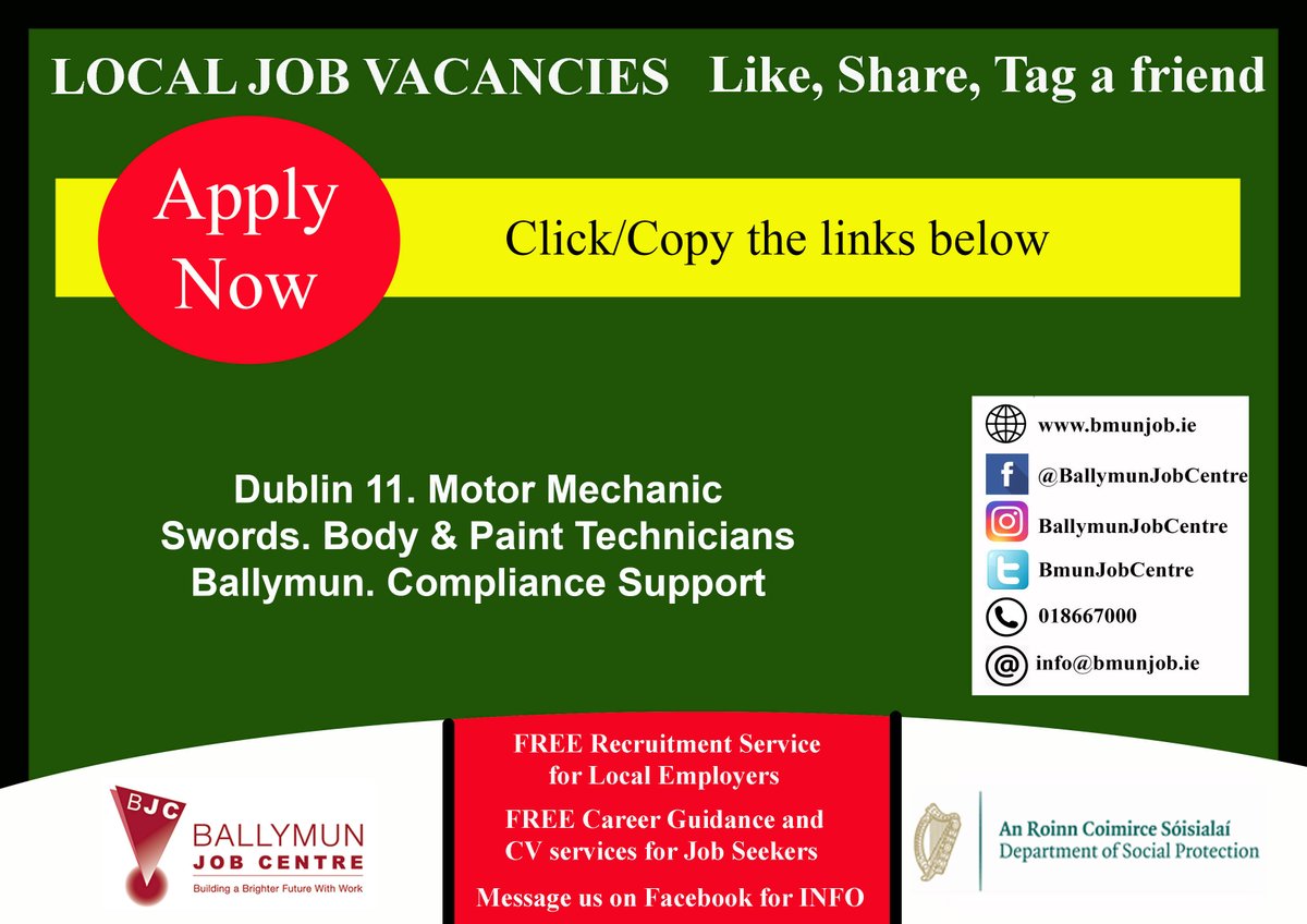 👉 Visit us at: Bmunjob.ie
Vacancies #bmunjob #jobfairy #dublinjobS 
Dublin 11. Motor Mechanic
jobsireland.ie/en-US/job-Deta… 
Swords. Body &amp; Paint Technicians
jobsireland.ie/en-US/job-Deta… 
Ballymun. Compliance Support
is.gd/jbmlWA