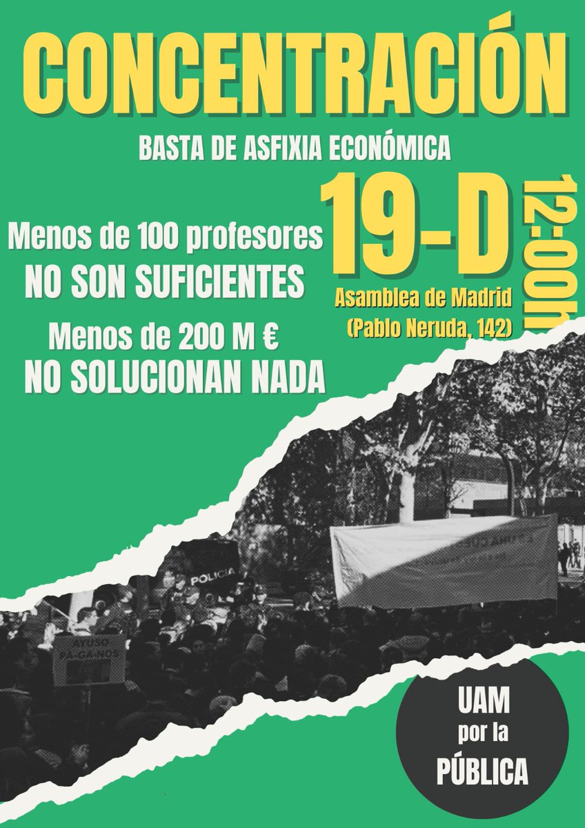 Isabel Ayuso incumple la ley LOSU al no dar el 1% del PIB a las universidades públicas. Mientras regala suelo público a universidades privadas que no cumplen requisitos mínimos para serlo, las públicas necesitan 200 millones urgentemente.  Mani 19 DIC 12:00 h Asamblea de Madrid