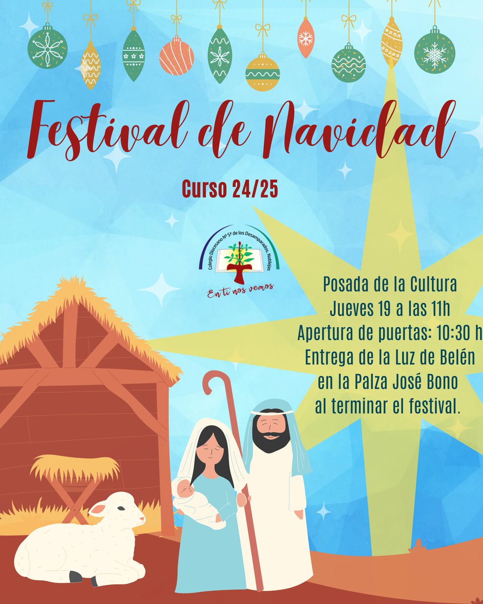 Este jueves celebraremos el 
Festival de Navidad. Los alumnos del colegio han preparado con mucha ilusión diferentes bailes y espectáculos que están deseando mostrar. Os esperamos el jueves a las 11 h en la Posada de la cultura. #FARP #Diocesanostoledo #peregrinosdelaesperanza✝️