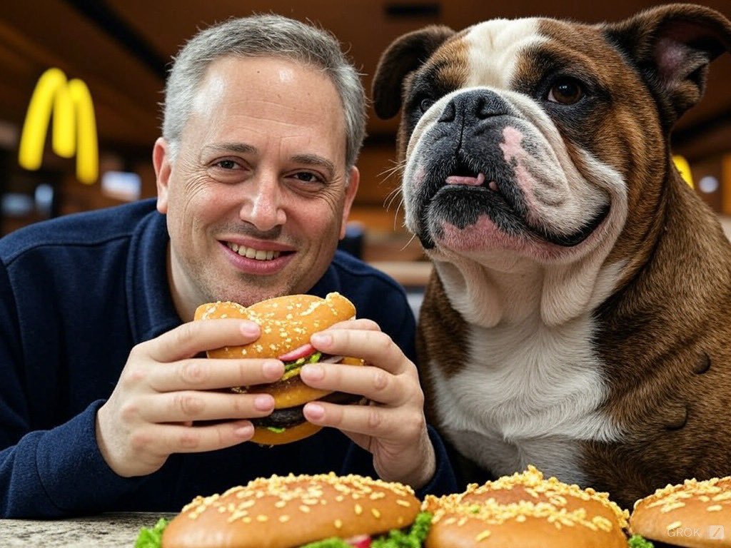 MooseCoinOnSol's tweet photo. Grok generated this masterpiece! Does Moose love eating burgers from McDonald’s as much as we love seeing him? 🍔🐶 What do you think, Mr. @DavidSacks ? https://t.co/b5XQ5e5BKq