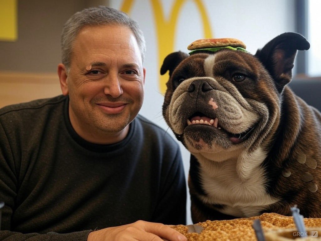 MooseCoinOnSol's tweet photo. Grok generated this masterpiece! Does Moose love eating burgers from McDonald’s as much as we love seeing him? 🍔🐶 What do you think, Mr. @DavidSacks ? https://t.co/b5XQ5e5BKq