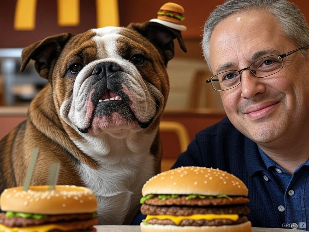 MooseCoinOnSol's tweet photo. Grok generated this masterpiece! Does Moose love eating burgers from McDonald’s as much as we love seeing him? 🍔🐶 What do you think, Mr. @DavidSacks ? https://t.co/b5XQ5e5BKq