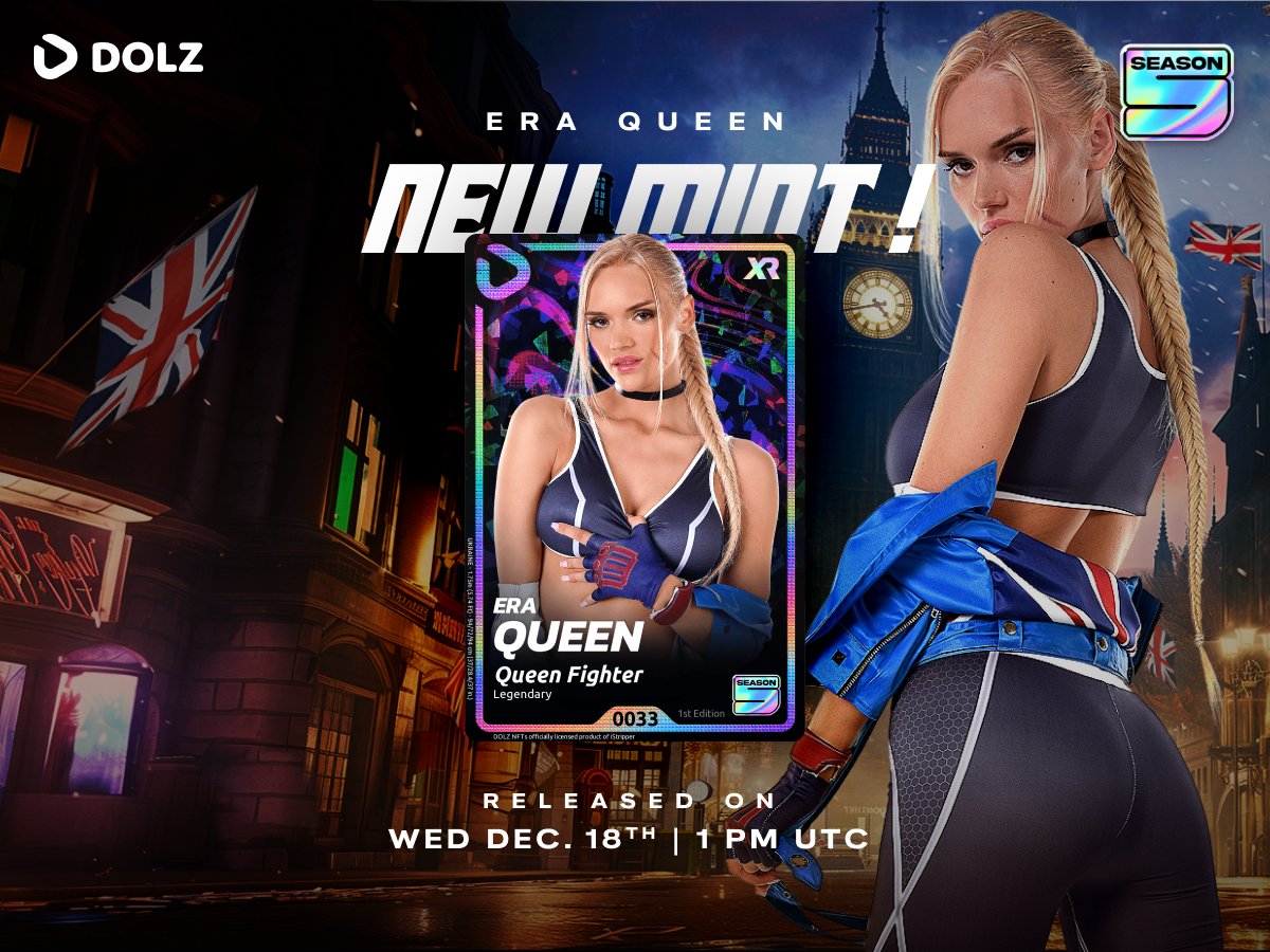 🟣 NEW MINT!
SEASON 5 | Card #12
📅 Wed Dec. 18th, 1 pm UTC
Join the Fighter Era Queen in her Show “Queen Fighter”! 👊

• Supply: 800 NFTs
• Mint Price: 1700 $DOLZ
• Max. per wallet: Check your rank

The more $DOLZ you hold, the higher your rank, allowing you to mint up to 9