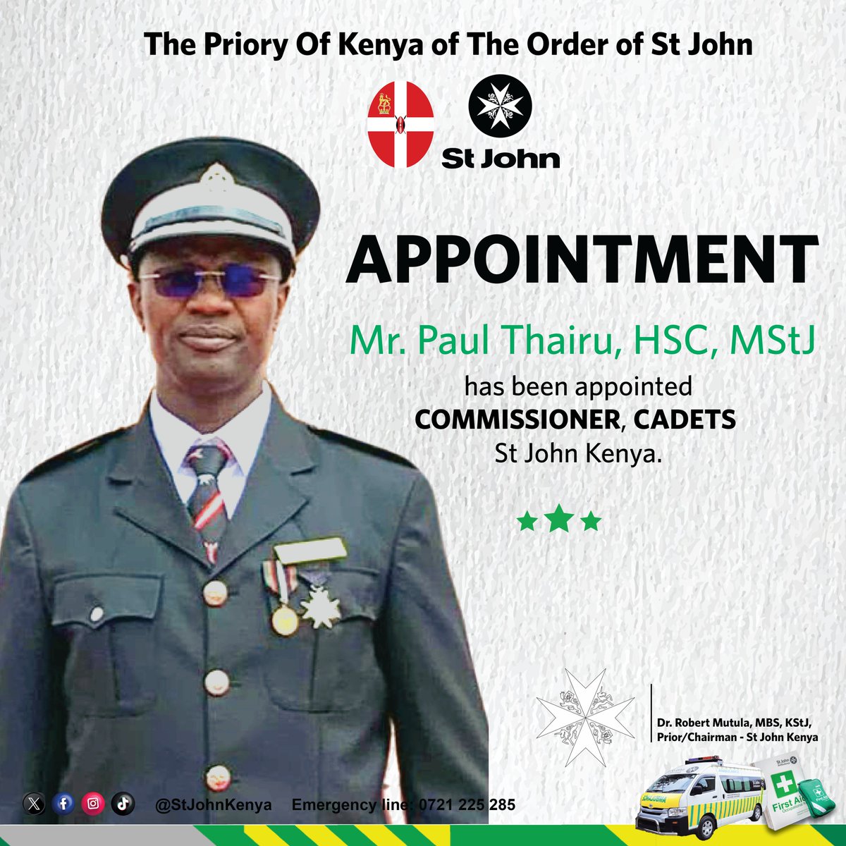 StJohnKenya's tweet photo. NEW APPOINTMENTS
St John Kenya is pleased to announce the appointment of Dr Gome David Lenga as its new Chancellor and Mr. Paul Thairu as the Commissioner - Cadets.

Congratulations Chancellor Dr. Gome and Commissioner Thairu. 

#ServicetoHumanity #StJohnKenya #Volunteerism