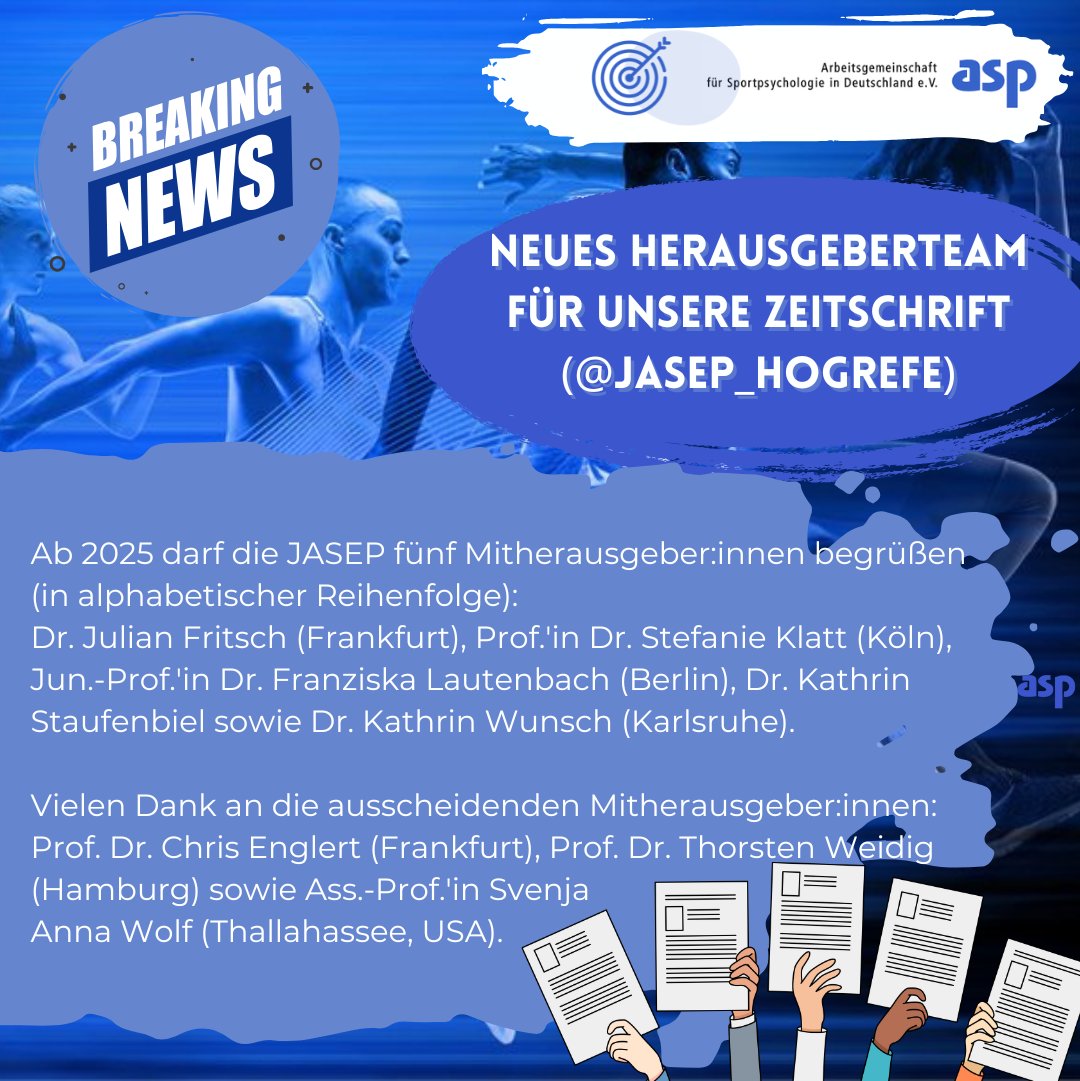 Neues Herausgeberkollegium des Journal of Applied Sport and Exercise Psychology, JASEP (ehemals Zeitschrift für Sportpsychologie, @jasep_hogrefe):

#jasep #hogrefe #sportpsychology #journal #editorialboard #editors