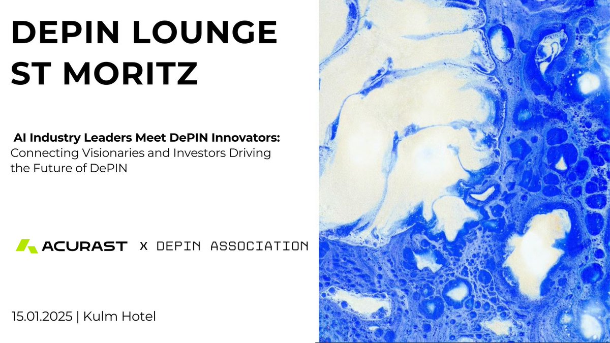 We’re thrilled to welcome you to the DePIN Lounge in St. Moritz, hosted by <a href="/Acurast/">Acurast</a> &amp; <a href="/depinorg/">DePIN Association</a>!
Join us on Jan 15 '25 for an exclusive evening of innovation, networking, and groundbreaking opportunities in Decentralized AI &amp; DePIN. 🚀
Register now: lu.ma/lkwic515
#DePIN