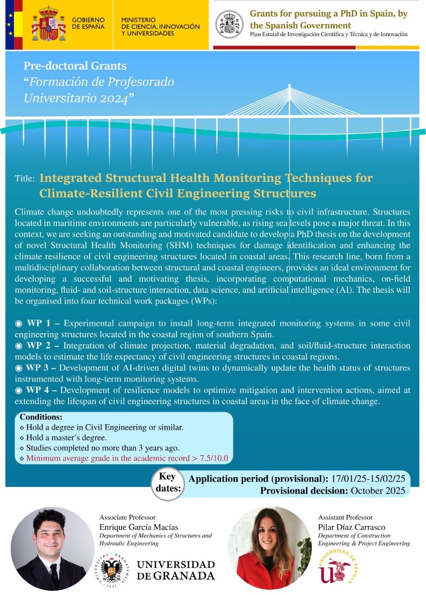 Pilar_gdfa's tweet photo. 🎓 📢 Join the Challenge of Civil Structures Resilience against Climate Change

Are you passionate about computational mechanics and structural monitoring? We invite outstanding candidates to apply for an FPU – 2024  “Ayudas para la Formación del Profesorado Universitario” https://t.co/kScPmu36Po