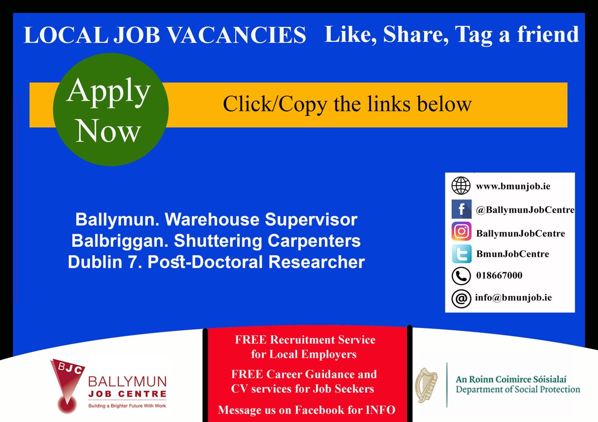 👉 Visit us at: Bmunjob.ie
Vacancies #bmunjob #jobfairy #dublinjobS 
Ballymun. Warehouse Supervisor
is.gd/dCfypy
Balbriggan. Shuttering Carpenters
jobsireland.ie/en-US/job-Deta… 
Dublin 7. Post-Doctoral Researcher
jobsireland.ie/en-US/job-Deta…