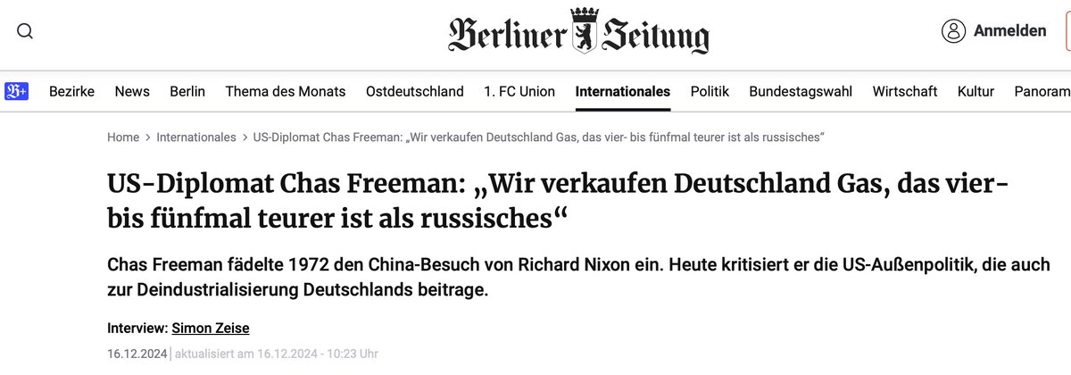 Eindrückliches Interview mit dem 🇺🇸Diplomaten Chas Freeman: 
- #USA nehmen bewusst die  Deindustrialisierung Deutschlands in Kauf (5x teureres Gas)
- Maidan nennt er explizit einen "Putsch" 
- Weiterer Schlüsselsatz: "Ich gehe davon aus, dass die USA #NordStream gesprengt haben"