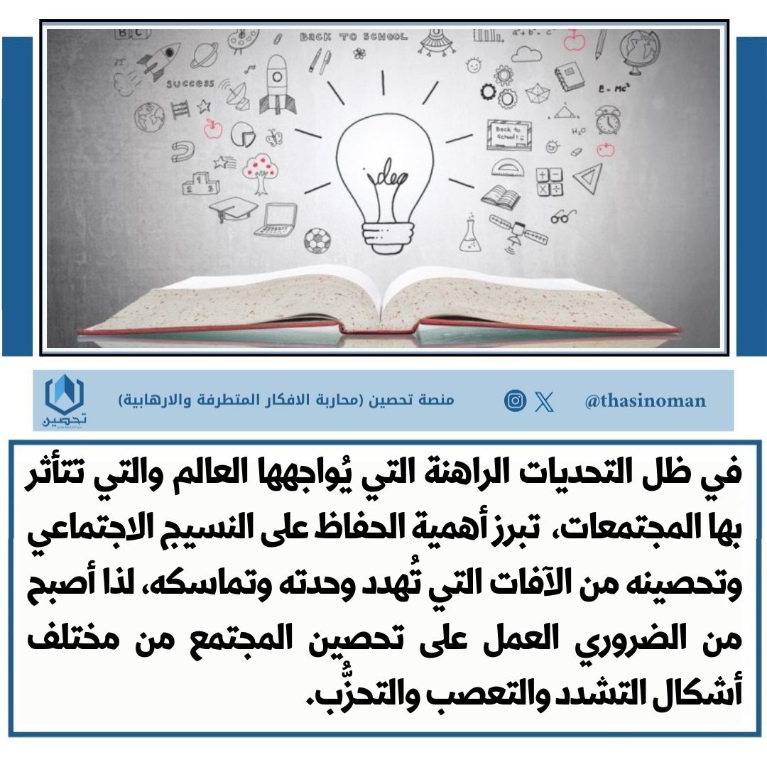 في ظل التحديات الراهنة التي يُواجهها العالم والتي تتأثر بها المجتمعات، تبرز أهمية الحفاظ على النسيج الاجتماعي وتحصينه من الآفات التي تُهدد وحدته وتماسكه، لذا أصبح من الضروري العمل على تحصين المجتمع من مختلف أشكال التشدد والتعصب والتحزُّب.

#منصة_تحصين