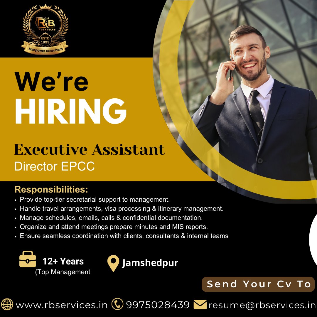 RnBmapower's tweet photo. We’re Hiring! 
Executive Assistant to Director EPCC
#rnbservices #recruitment #job #jobvacancy #excuteive #consultancyservices #hr #viral #explorepage #admin #collaborate #time #manpower #resources #hiring #agmindvest #trendingreels #reels #viral #funny #yearendsale #success https://t.co/Fw2yhNqOhC