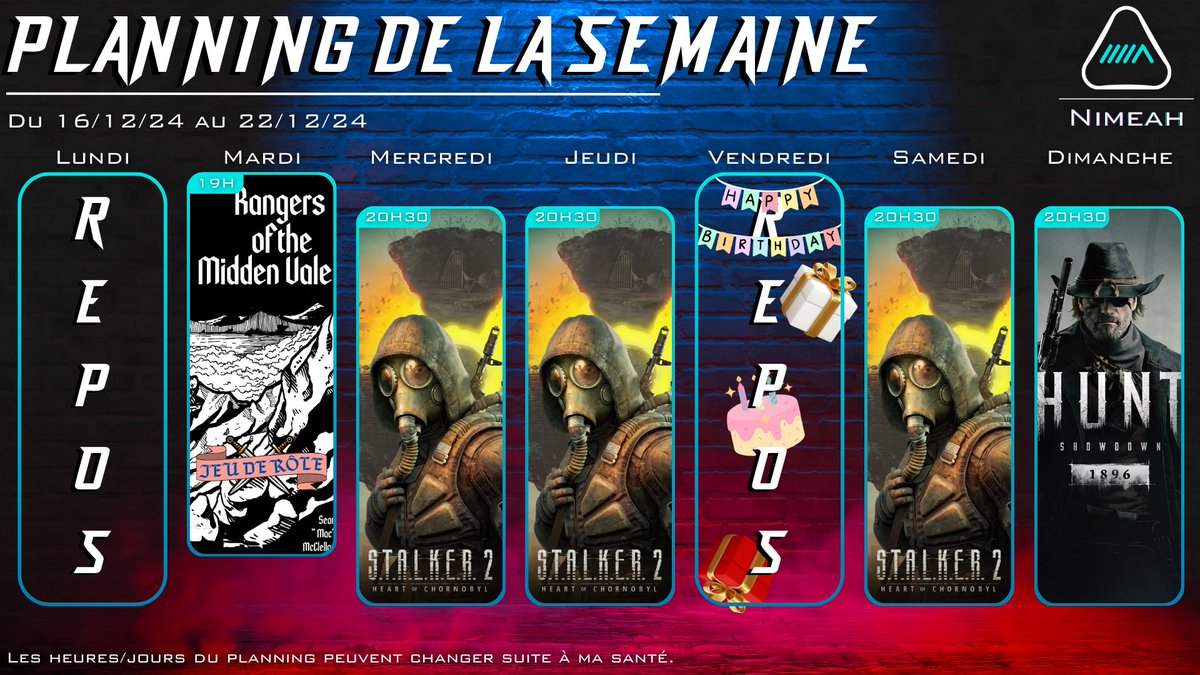 Semaine de l'émotion !

Dernière patrouille sur Rangers chez <a href="/lubu_wei/">Lubuwei</a> avec @Jack0fS et <a href="/Silkinael/">SilkinaelTV</a> (je vais avoir besoin de mouchoir)

Vendredi pas de stream (32 printemps)

On se fait un #HuntShowdown1896 (ENFIN) avec <a href="/Kamille_92/">Kamille</a> et Liv !

#STALKER2 évidemment !

Bonne semaine !