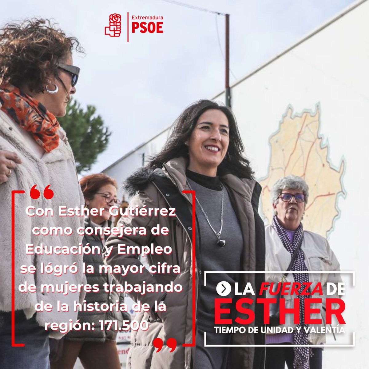 FuerzaDeEsther's tweet photo. Esther Gutiérrez es un ejemplo de eficiente gestión pública. 

Como Consejera de Educación y Empleo, se logró la mayor cifra de mujeres trabajando en Extremadura: 171.500.

#LaFuerzaDeEsther 🌹✊🏻
#VotaSinMiedo https://t.co/k9Ab1SpCPm