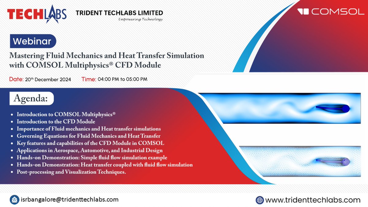 TechlabsTrident's tweet photo. 🚀 Webinar Alert!
Join us on 20th Dec 2024, 4-5 PM for "Mastering Fluid Mechanics & Heat Transfer Simulation with COMSOL CFD Module".
🔹 Hands-on demos
🔹 Key CFD insights
🔹 Real-world applications
Registration Link - https://t.co/8m5M8IxyyU
#CFD #COMSOL #Webinar https://t.co/xTDzqchvXm