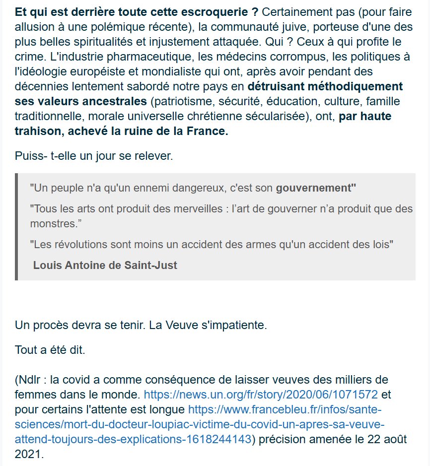 En cause : la publication, le 22 août 2021, sur le site conspirationniste FranceSoir, d’une tribune signée sous pseudo, mettant en cause des médecins et des scientifiques, et se concluant notamment par ces mots : « La Veuve s'impatiente. » ⤵️
archive.is/EN6qX