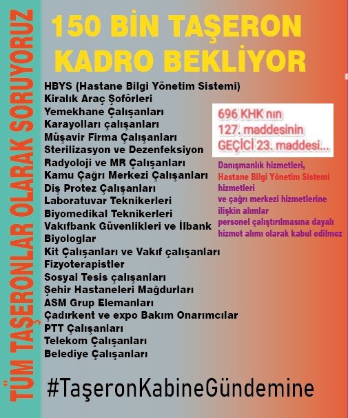 #𝙃𝘽𝙔𝙎-𝘿𝙀𝙍 (@hbys_der) on Twitter photo TaşeronKadroBekliyor
Sayın büyüklerimiz <a href="/RTErdogan/">Recep Tayyip Erdoğan</a> <a href="/dbdevletbahceli/">Devlet Bahçeli</a> <a href="/eczozgurozel/">Özgür Özel</a> <a href="/erbakanfatih/">Dr. Fatih Erbakan</a> Yıllardır Biz Taşeron bırakılan işçilere onlarca söz verildi seçim zamanı şimdi bizlere verdiğiniz sözleri tutma zamanı gelmedi mi ? <a href="/isikhanvedat/">Prof. Dr. Vedat Işıkhan</a> <a href="/TarkanZengin/">Tarkan Zengin</a> <a href="/hakiskonf/">HAKİŞ KONFEDERASYONU</a> <a href="/turkiskonf/">TÜRK-İŞ</a> TaşeronKadroBekliyor
Sayın büyüklerimiz <a href="/RTErdogan/">Recep Tayyip Erdoğan</a> <a href="/dbdevletbahceli/">Devlet Bahçeli</a> <a href="/eczozgurozel/">Özgür Özel</a> <a href="/erbakanfatih/">Dr. Fatih Erbakan</a> Yıllardır Biz Taşeron bırakılan işçilere onlarca söz verildi seçim zamanı şimdi bizlere verdiğiniz sözleri tutma zamanı gelmedi mi ? <a href="/isikhanvedat/">Prof. Dr. Vedat Işıkhan</a> <a href="/TarkanZengin/">Tarkan Zengin</a> <a href="/hakiskonf/">HAKİŞ KONFEDERASYONU</a> <a href="/turkiskonf/">TÜRK-İŞ</a>