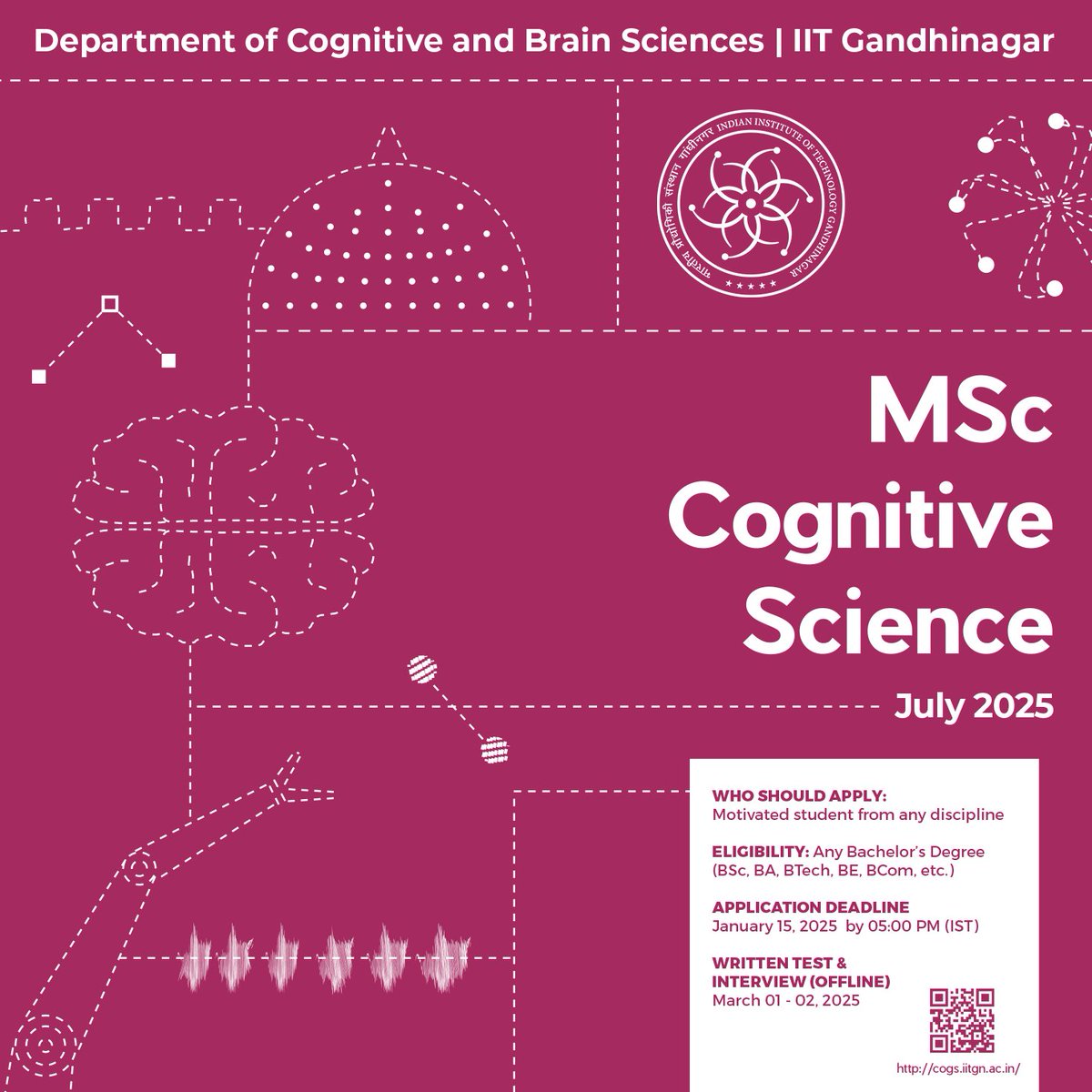 Applications are invited for admission to IITGN’s MA in Society and Culture and MSc in Cognitive Science programmes, commencing in July 2025. Motivated and creative students from any discipline are motivated to apply.