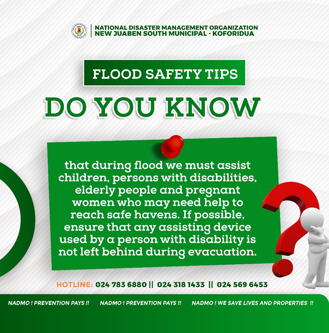 NADMO_NJSMA's tweet photo. Prioritize the most vulnerable in our community! Assist children, persons with disabilities, elderly people, and pregnant women to safety! 

#FloodSafety #InclusionMatters

#Hansi #Amorim #Nunes #ECOWAS #Ugarte #Southampton #Kotoko #Ten #Mancity #Barca #Manchester #Amad #Chelsea https://t.co/NyuSMFaclD