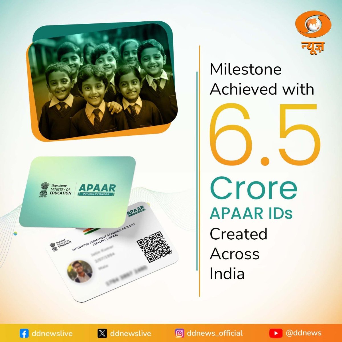 DDNewslive's tweet photo. India has successfully created 6.5 crore APAAR IDs to improve educational tracking and outcomes. Guided by #NEP2020, this 12-digit unique ID helps monitor academic progress and reduce dropout rates.  

#NEP2020 #NEP2020SuccessStory #SchoolEducation #SamagraShiksha 

#OneNationOneStudentID @EduMinOfIndia @dpradhanbjp @PIB_India @MIB_India