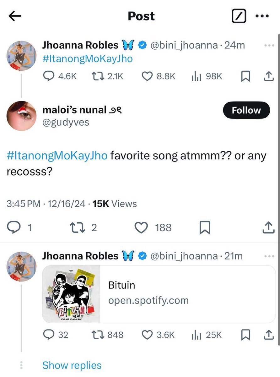 BINI <a href="/BINI_ph/">BINI_PH</a> <a href="/bini_jhoanna/">Jhoanna Robles 🦋</a>’s favorite song atm? “Bituin” by #GLXYartist Dear Dahlia 🥰✨

Listen to it here: open.spotify.com/track/4abGSX7q…

#bini #binijhoanna #itanongmokayjho #blooms