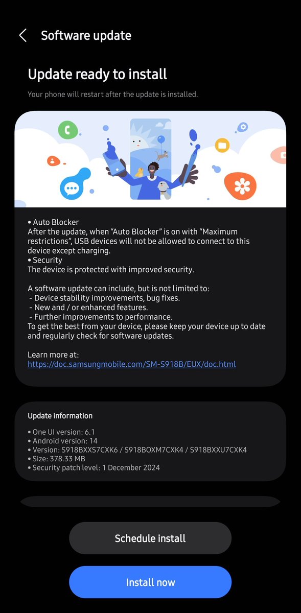 tarunvats33's tweet image. The Galaxy S23 series has begun receiving the December patch update in Europe (EUX CSC).

Build versions: S918BXXS7CXK6/S918BOXM7CXK4/S918BXXU7CXK4

#GalaxyS23 #GalaxyS23Ultra #OneUI6 #OneUI #Samsung