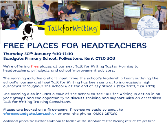 We're offering FREE places to Headteachers, Principals and Improvement Advisors at our next <a href="/Talk4Writing/">Talk for Writing</a> Taster Morning - 30th January 2025!

<a href="/PieCorbett/">Pie Corbett</a> <a href="/JamieThomasTFW/">Jamie Thomas</a>