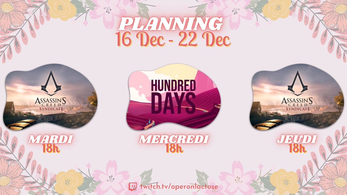 Operon_Lactose's tweet photo. Holà!
Voici le planning de cette  dernière semaine de stream avant la pause des vacances 🎄
A demain 💜 https://t.co/75f7KsYE9z