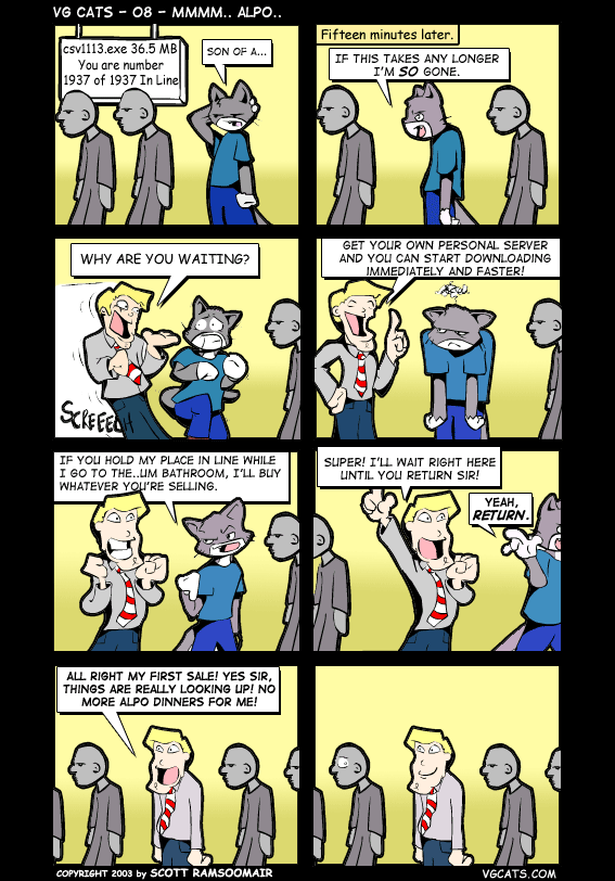 VG Cats, 08, Mmm... Alpo... 
vgcats.com/comics/index.p…

#comics #comic #webcomics #webcomic #comicstrip #videogames #gaming #cats #2000internet