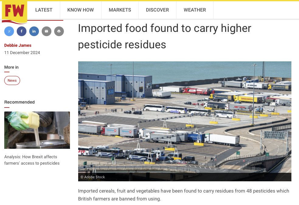 Higher dangerous pesticides found in UK food imports (including 48 banned in UK farming) following the Tory's post-Brexit 2022 decision to drop EU standards and align with lower Codex standards for maximum residue levels (MRLs) 👇
<a href="/FarmersWeekly/">Farmers Weekly</a>